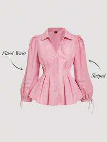 SHEIN MOD Chemise rayée à manches longues élégante pour femmes grandes tailles, blouse ajustée à la taille avec nœud et manches bouffantes, convient pour le travail et le port casual - Rose bonbon - Voir 1