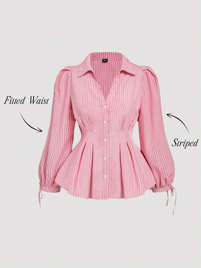 SHEIN MOD Plus Size Women Elegant Striped Long Sleeve Shirt, Fitted Waist Tie Puff Sleeve Blouse, Suitable For Work, Casual Wear, Fitted Blouse, Peplum Blouse, Work Blouses, Curvy Blouses