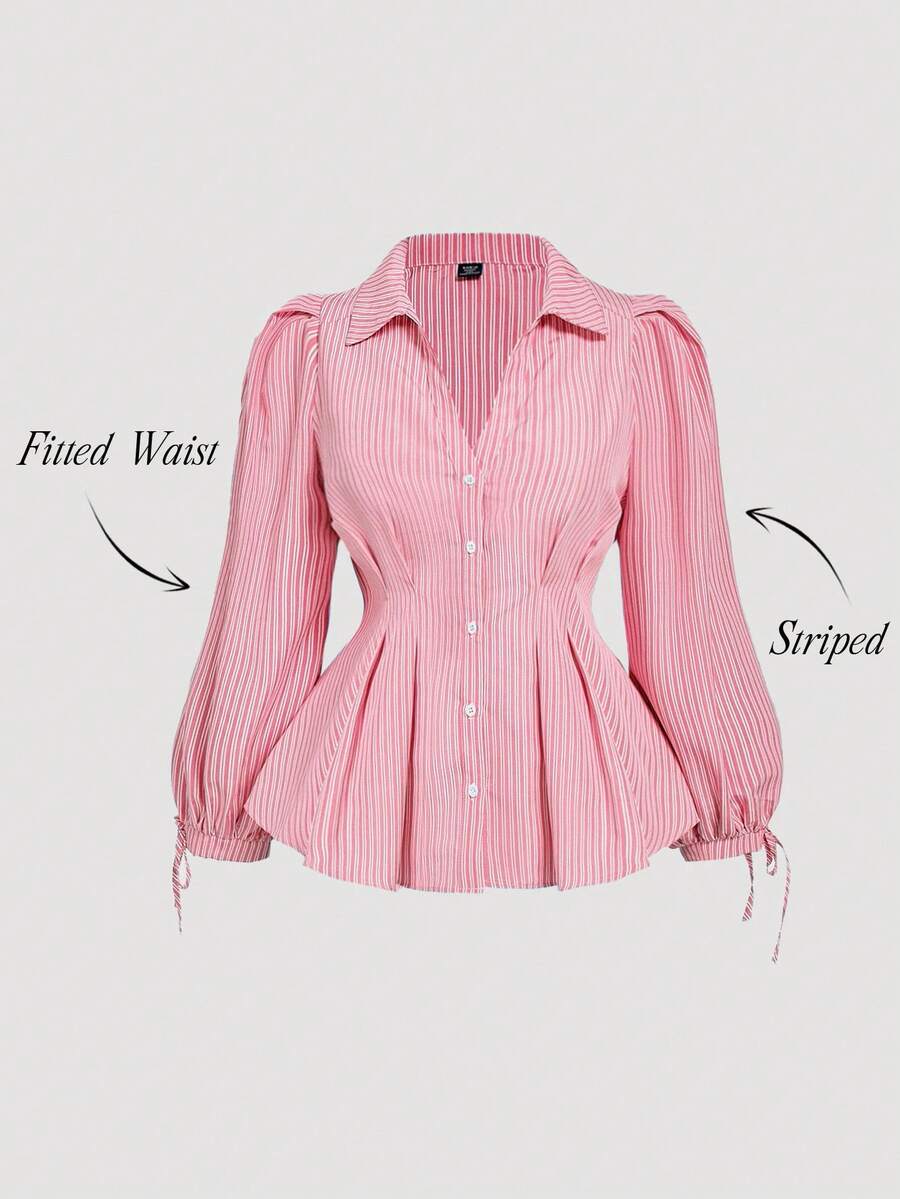 SHEIN MOD Chemise rayée à manches longues élégante pour femmes grandes tailles, blouse ajustée à la taille avec nœud et manches bouffantes, convient pour le travail et le port casual - Rose bonbon - Voir 1