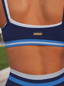 Aralina 女式撞色拼接吊带背心和短裤运动套装 - 藍色 - 查看 4