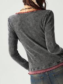 Bohemela 女士休闲针织撞色蕾丝长袖修身衬衫 - 黑色 - 查看 7