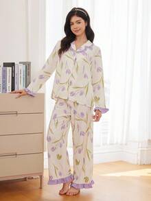 Teen Girls Casual Home Cute Flower Print Pattern Contrast Color Stitching Ruffled Home Wear Suit,Tulip Printed Ruffled Hem Pajama Set, Holiday Season - Multicolor - View 6