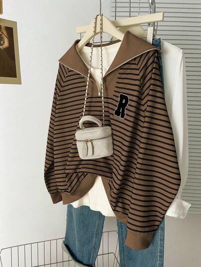 Franclia 字母刺绣 Polo 领拉链条纹长袖运动衫