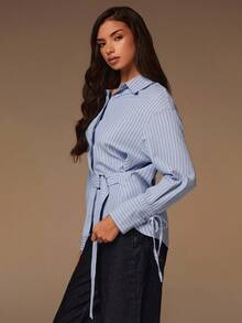 Athîral Women's Light Blue Pinstripe Structured Shirt | Crisp Textured Fabric, Relaxed Straight Fit, Classic Point Collar, Drop Shoulder Long Sleeves With Adjustable Tie-Cuff Detail, Waist Belt With Metallic Buckle & Hidden Metal Snap Closure, Streamlined Minimalist Style For Office, Daily Socializing & Capsule Wardrobe Essentials - Blue - View 4