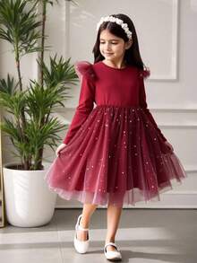Christmas,Halloween,Party Dress,Young Girl' Mesh Patchwork Round Neck Long Sleeve Dress - Burgundy - View 3