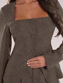 SHEIN BAE 女式长袖单排扣方领西装外套和裤子套装，办公室穿着 - 深灰色 - 查看 8