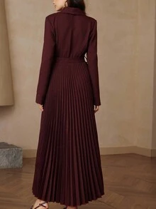 Aveloria Rosie Intellectual Elegant Commuter Style Mandarin Collar Pleated Hem Belted Long Sleeve Dress