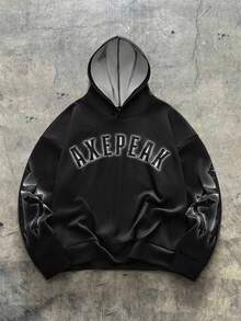 AXEPEAK 男士休闲十字印花连帽卫衣，秋冬 - 黑色 - 查看 2