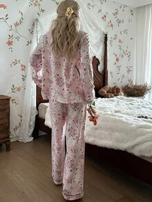 CottageSlumber 花卉印花撞色滚边睡衣套装 浅粉色睡衣套装 粉色花卉睡衣套装 花卉睡衣套装 复古睡衣套装 秋冬服装