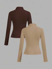 SHEIN EZwear 2件套棕色卡其色休闲修身长袖T恤，秋冬 - 彩色 - 查看 2