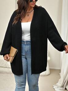 Vionelle 极简主义纯色纹理图案大码开衫，适合冬季 - 黑色 - 查看 4