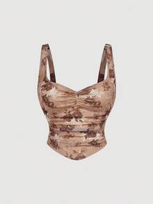 SHEIN MOD 棕色扎染花卉印花背心鱼尾裙两件套，舞会套装，邮轮女装，衣服，90年代服装，秋季套装，韩式时尚，伴娘套装，晚装，生日女装，返校节，荷叶边套装，文艺复兴 - 彩色 - 查看 5