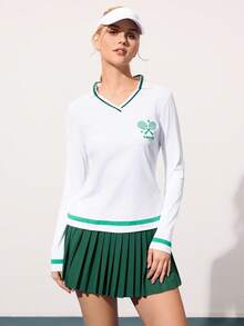 CourtClass Camisa polo feminina com gola canelada, decote em V, manga comprida, estampa de tênis, corte slim, camisa polo esportiva casual para tênis e uso diário - Branco - Ver 4