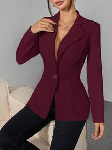 SHEIN PETITE Lapel Neck Single Button Blazer Office Wear Women Burgundy Blazer Women In Fall/Winter - Burgundy - View 4