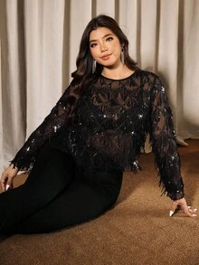 Elaquor Áo cánh tay dài cổ tròn tua rua sequin cỡ lớn thời trang cho nữ - màu đen - Xem 6
