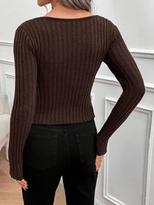 EMERY ROSE Women's Vintage Deep V Twist Knit Sweater, Ribbed Texture Slim Fit Long Sleeve Cropped Pullover, Autumn/Winter  Brown - Brown - View 2