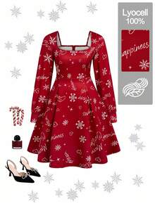 EMERY ROSE Vestido elegante de vacaciones, Navidad y otoño con estampado para damas de talla grande - Rojo - Ver 1