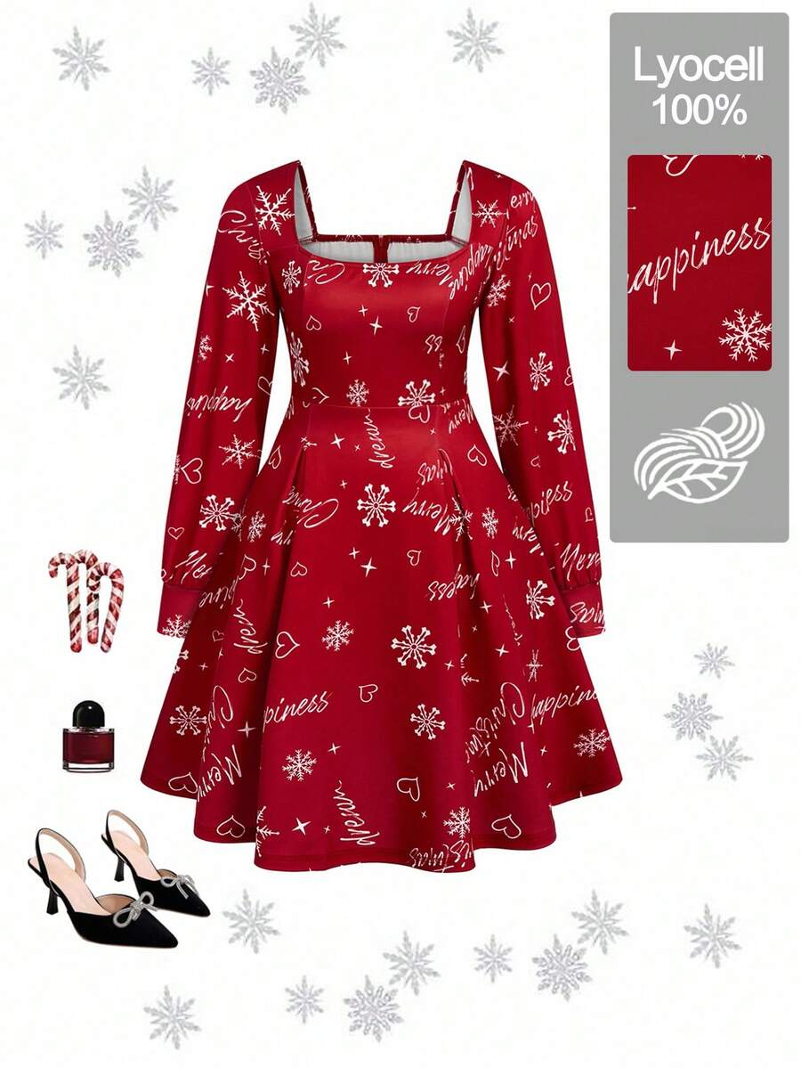 EMERY ROSE Vestido elegante de vacaciones, Navidad y otoño con estampado para damas de talla grande - Rojo - Ver 1