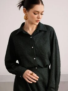 Heiryn Women's Elegant Commuter Solid Color Textured 2 Pieces Set - Dark Green - View 4