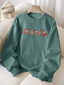 INAWLY Áo nỉ cổ tròn thêu họa tiết hà mã Giáng sinh dành cho nữ - màu xanh lá - Xem 3