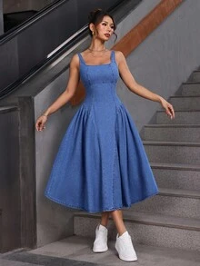 SHEIN PETITE 女式休闲水洗收腰无袖牛仔连衣裙