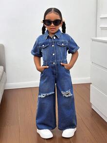 SHEIN Young Girl Blue Denim Ripped Shirt-Style One-Piece Trousers, A And Cool Street Look - Dark Wash - View 5
