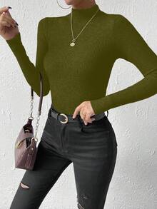 SHEIN Sweater Wanita Lengan Panjang Kerah Tegak Warna Polos, Pas Badan, Musim Gugur/Dingin - Olive Green - View 4