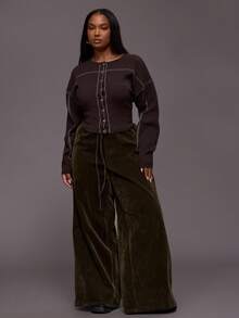 MUSERA Plus Size Contrast Stitch Popper Long Sleeve Cardigan Everyday Casual Cool Girl Streetwear Uncut Evening Party Elegant Spring - Chocolate Brown - View 1