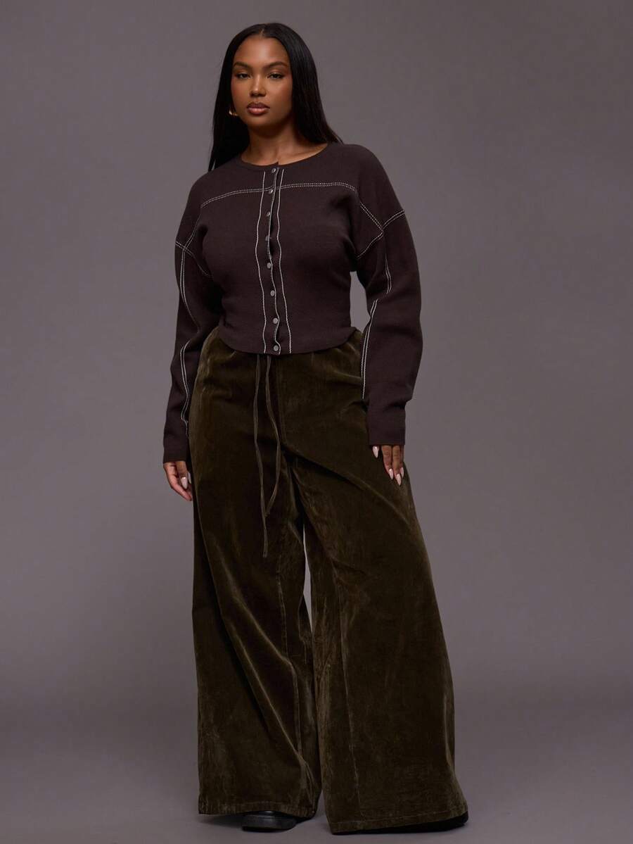 MUSERA Plus Size Contrast Stitch Popper Long Sleeve Cardigan Everyday Casual Cool Girl Streetwear Uncut Evening Party Elegant Spring - Chocolate Brown - View 1
