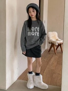 DAZY Tween Girls Round Neck Pullover Sweater, Fall - Grey - View 2