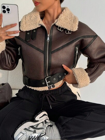 SHEIN Dewbera Veste courte à col en fausse fourrure pour femmes