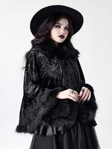 ROMWE Goth 复古宫廷拼布人造毛领钻石天鹅绒蕾丝边哥特式斗篷 - 黑色 - 查看 7