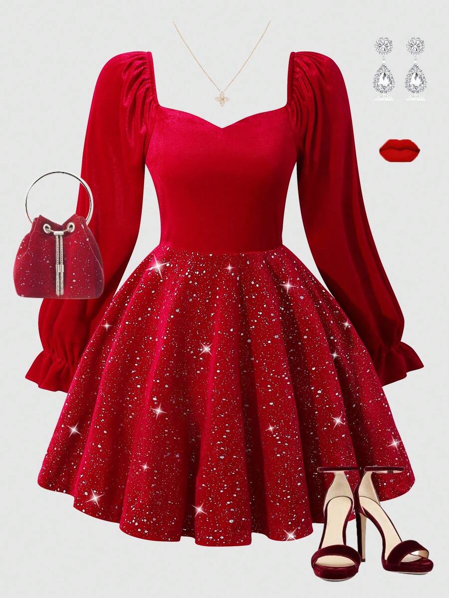 SHEIN Sparklyn 女孩圣诞天鹅绒星星和银箔领长袖连衣裙,撞色拼布设计,适合派对、节日、圣诞节装扮 - 紅色 - 查看 1