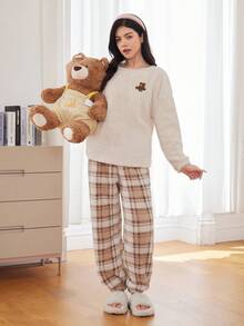 2pcs/Set Teen Girls' Soft Plush Fleece Crew Neck Long Sleeve Top And Pants Pajama Set, Cozy Bear Pattern, Winter Sleep Wear Teen Teen Girl Fluffy Matching Pjs Pajamas Women Set Teen Girl Lounge Wear Pajama Set Teen - Mocha Brown - View 1