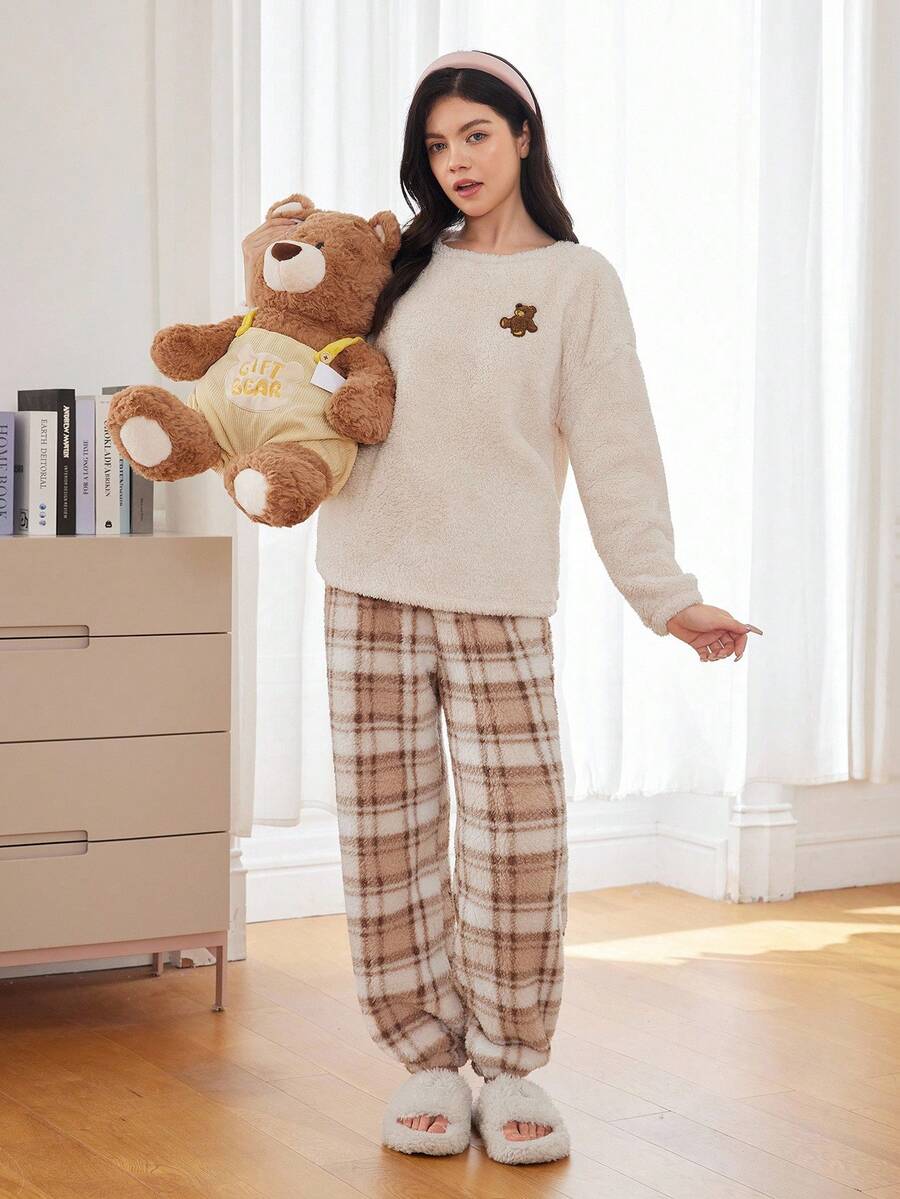 2pcs/Set Teen Girls' Soft Plush Fleece Crew Neck Long Sleeve Top And Pants Pajama Set, Cozy Bear Pattern, Winter Sleep Wear Teen Teen Girl Fluffy Matching Pjs Pajamas Women Set Teen Girl Lounge Wear Pajama Set Teen - Mocha Brown - View 1