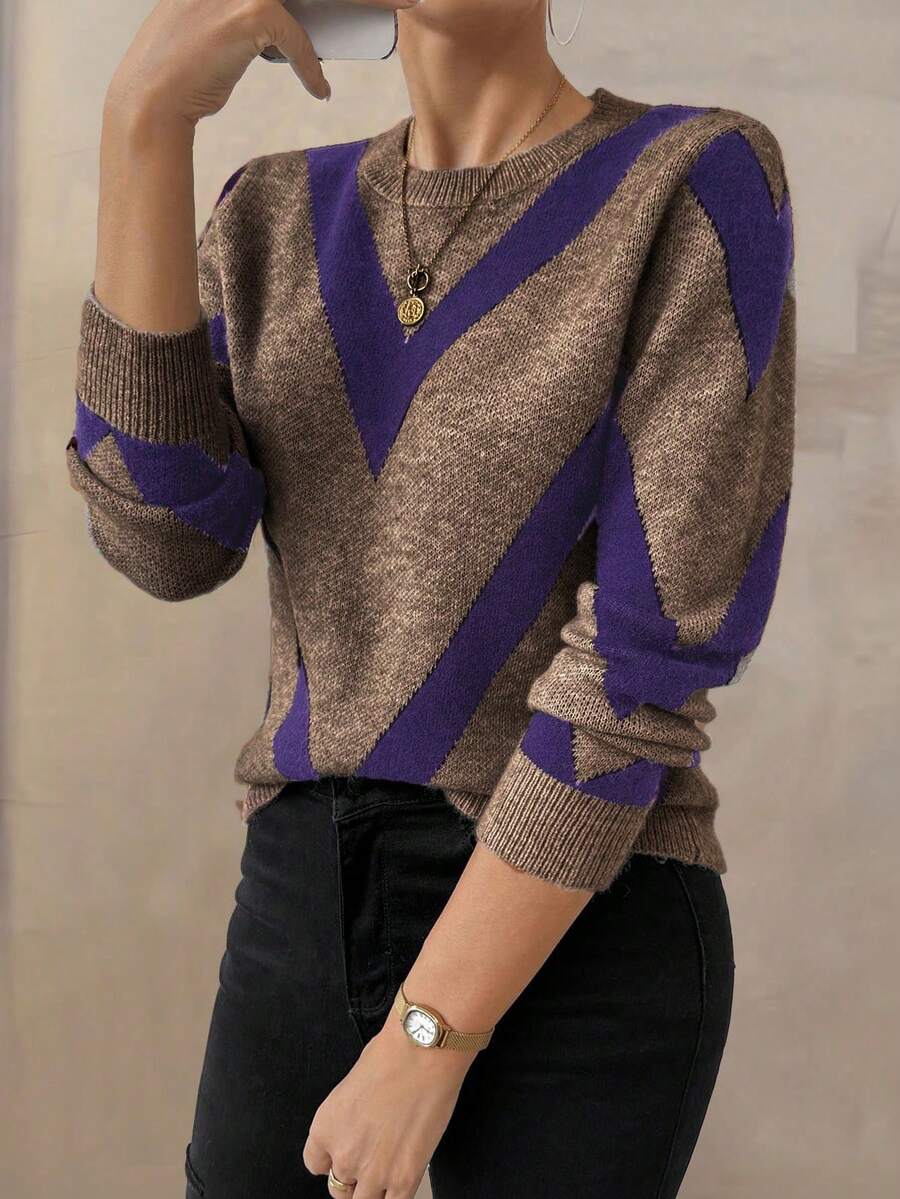 SHEIN LUNE 2024秋冬新品几何条纹套头衫 - 彩色 - 查看 1
