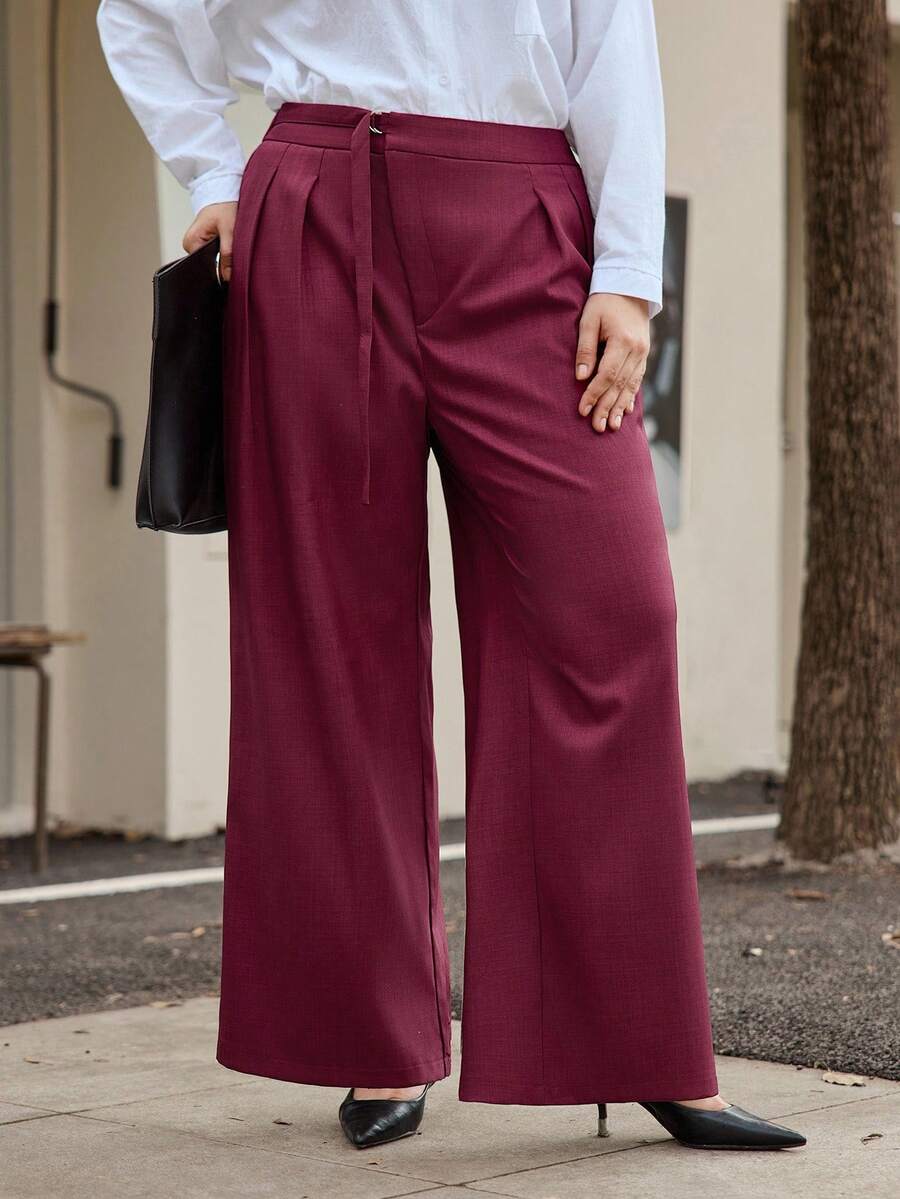 Calvaya Damen Große Größen Einfarbige Lose Elegante Plissee Weite Bein Hose - Bordeaux - Übersicht 1
