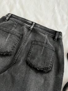 Attitoon 女式铆钉口袋设计喇叭休闲牛仔裤 - 黑色 - 查看 3