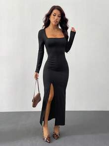 SHEIN PETITE 女式黑色春夏纯色方领长袖侧开衩下摆休闲连衣裙 - 黑色 - 查看 5