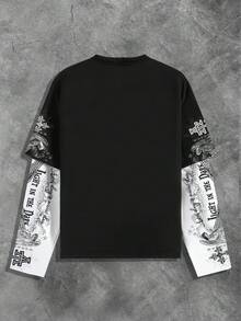 ROMWE MEN Goth Men's 2 In 1 Long Sleeve Jesus T-Shirt, Punk Street Style Top, Fall - Black - View 2