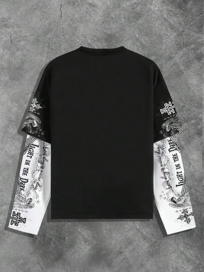 Street Life Men's 2 In 1 Long Sleeve Jesus T-Shirt, Punk Street Style Top, Fall