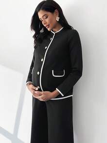 MaterniWear Maternity 2pcs Suit Set Black And White,Autumn,Elegant,Office Contrast Trim Blazer Jacket And Pants,Professional Work Wear Outfits For Pregnant Women - Black - View 5