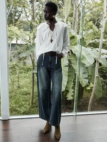 Lumivelle Damen Einfarbiges minimalistisches Langarm-Hemd mit Bindedetail, lässiger Alltags-Look - Weiss - Übersicht 2