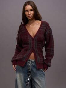 MUSERA Flauschige gestrickte karierte oversized V-Ausschnitt Strickjacke für Herbst, Winter, Abende, Ausgehen, Streetwear, süß, sexy, ungeschnitten, elegant, Abendparty, Weihnachten, Neujahr, Erntedankfest