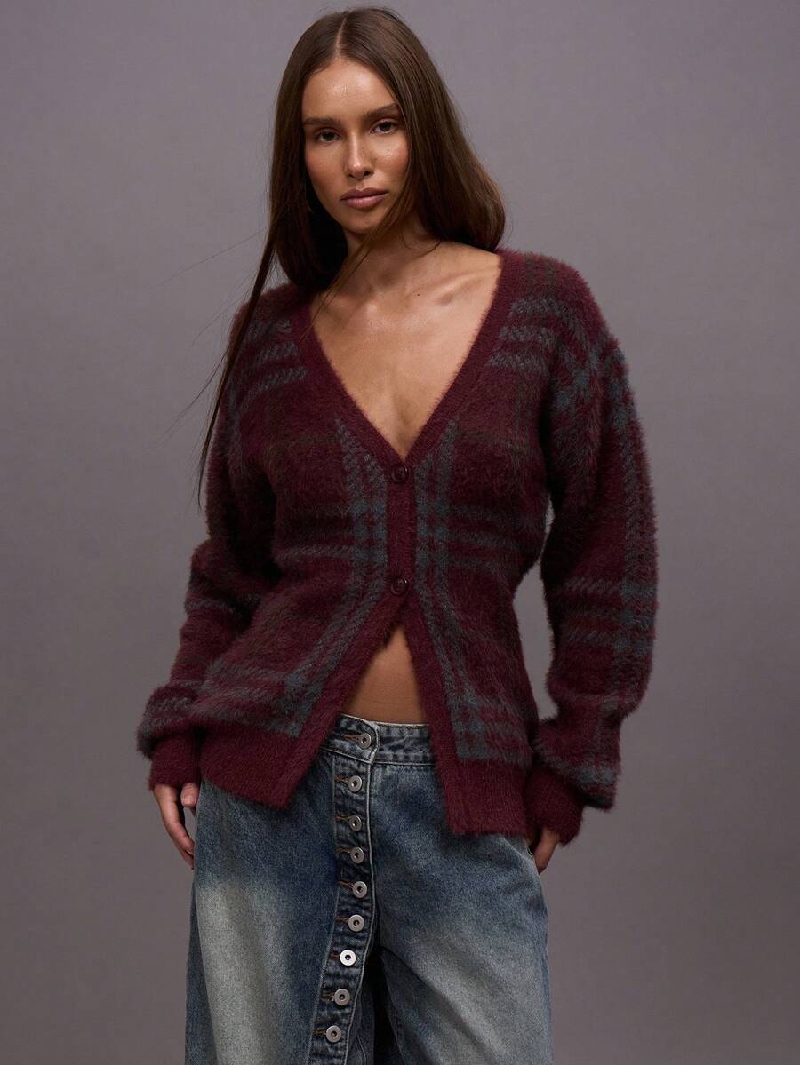 MUSERA Flauschige gestrickte karierte oversized V-Ausschnitt Strickjacke für Herbst, Winter, Abende, Ausgehen, Streetwear, süß, sexy, ungeschnitten, elegant, Abendparty, Weihnachten, Neujahr, Erntedankfest