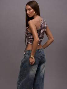 MUSERA 格纹印花垂褶不对称领口褶皱不对称下摆上衣，适合秋冬、夜间外出、街头风、可爱性感优雅的假日派对以及春夏穿着。 - 彩色 - 查看 4