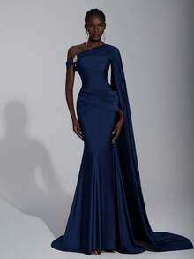 Elitara Elegant & Fashionable Apocalyptic Chocolate Brown Knit Fabric Asymmetric Shoulder Half-Exposed Shoulder Tailored Fitted Mermaid Hem Dress, Flowing Handcrafted Pleated Metal Buckle Waist Ruched Mermaid Hem, Suitable For Fashion Galas, Formal Dinners, Business Events, Balls, Cocktail Parties, Halloween Parties, Wedding Guest Dresses