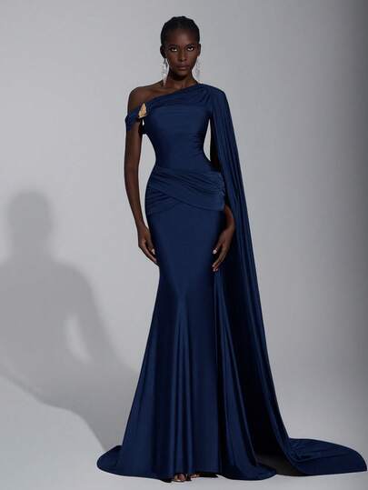 Elitara Elegant & Fashionable Apocalyptic Chocolate Brown Knit Fabric Asymmetric Shoulder Half-Exposed Shoulder Tailored Fitted Mermaid Hem Dress, Flowing Handcrafted Pleated Metal Buckle Waist Ruched Mermaid Hem, Suitable For Fashion Galas, Formal Dinners, Business Events, Balls, Cocktail Parties, Halloween Parties, Wedding Guest Dresses