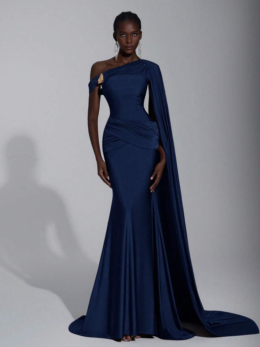 Elitara Elegant & Fashionable Apocalyptic Chocolate Brown Knit Fabric Asymmetric Shoulder Half-Exposed Shoulder Tailored Fitted Mermaid Hem Dress, Flowing Handcrafted Pleated Metal Buckle Waist Ruched Mermaid Hem, Suitable For Fashion Galas, Formal Dinners, Business Events, Balls, Cocktail Parties, Halloween Parties, Wedding Guest Dresses