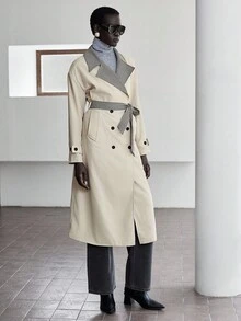 Lumivelle Abrigo de trinchera de manga larga con parches de cuadros en color caqui